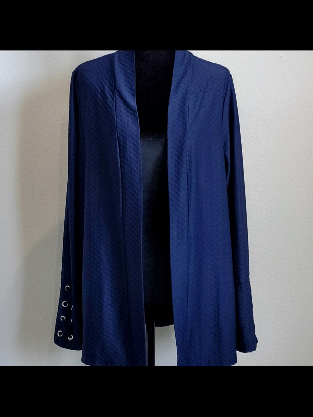 Kim Rogers Navy Open-Front Blazer with Eyelet Cuff Detail